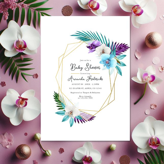 Convites Chá de fraldas Geométrico das Orquídeas Tropicais  (Watercolor Tropical Orchids Geometric Baby Shower Invitation)