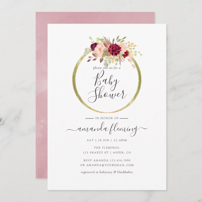 Convites Chá de fraldas Geométrico de Borgonha e Blush Boho (Frente/Verso)