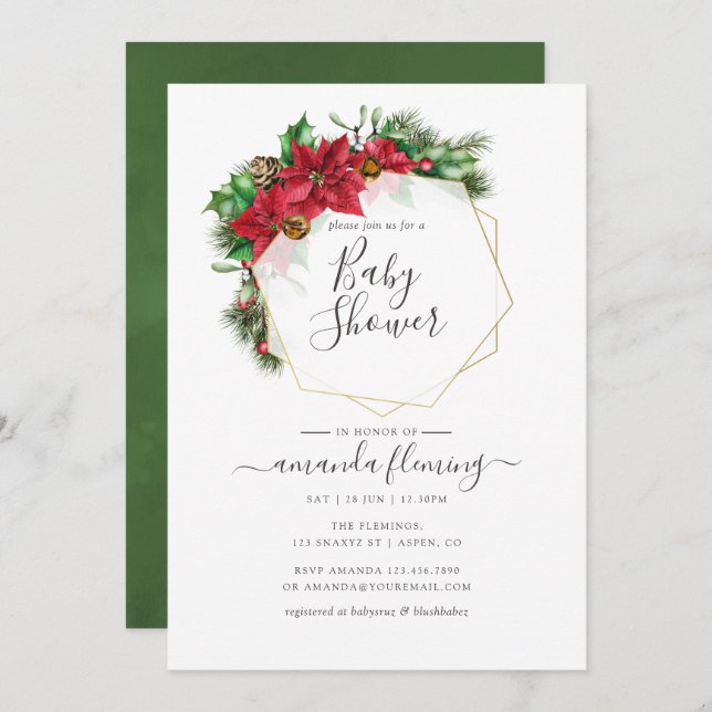 Convites Chá de fraldas Geométrico de Natal Floral (Frente/Verso)
