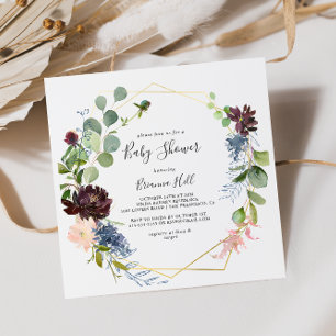 Convites Chá de fraldas Geométrico Dourado Burgundy