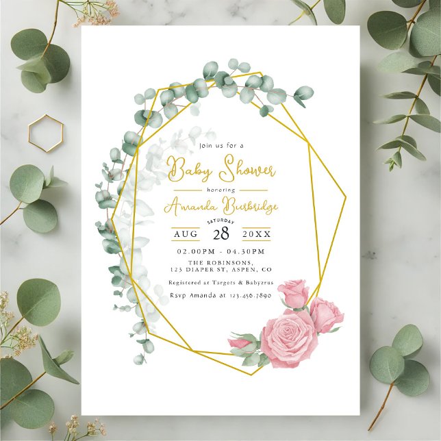 Convites Chá de fraldas Geométrico Dourado de Eucalyptus e  (Gold Geometric Eucalyptus & Pink Roses Baby Shower Invitation)