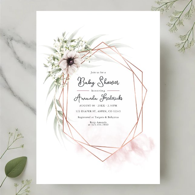 Convites Chá de fraldas Geométrico Floral Elegante (Elegant Geometric Floral Baby Shower Invitation)