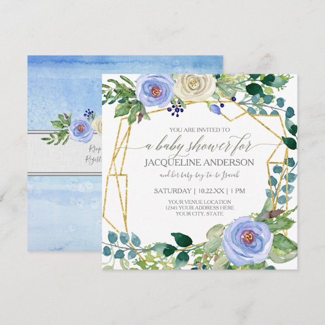 Convites Chá de fraldas Geométrico w Azul n Rosas Brancas (Frente/Verso)