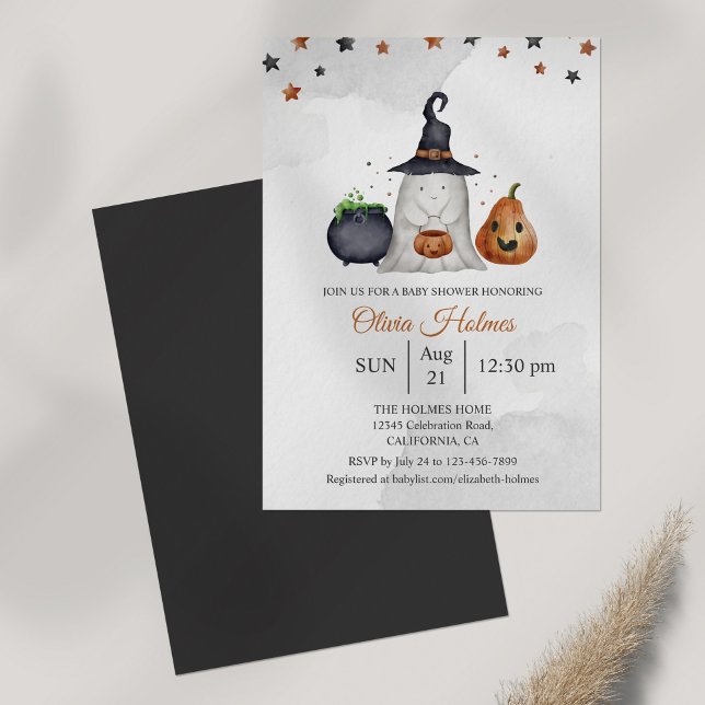 Convites Chá de fraldas Ghost Halloween (Halloween Baby Shower Invitation on grey table.)
