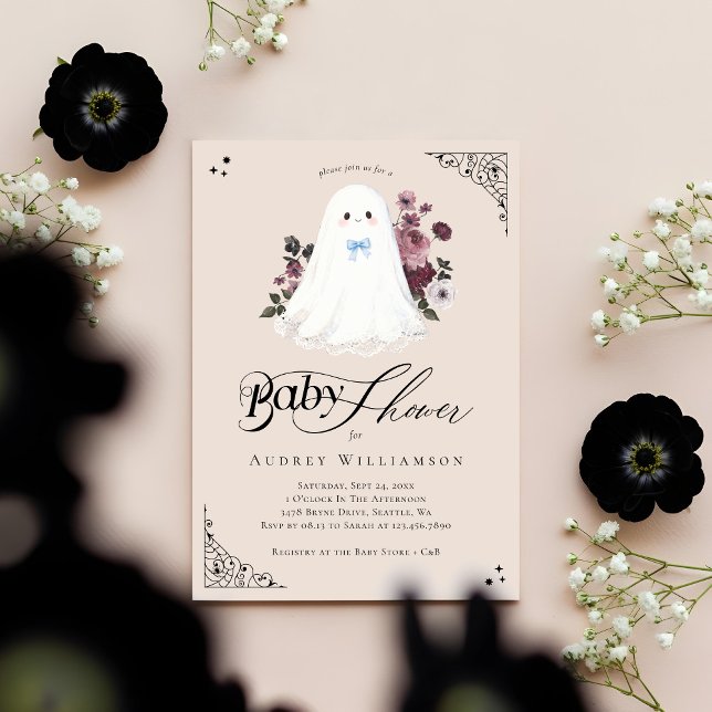 Convites Chá de fraldas Ghost Little Boo Floral Gótica (Boy Ghost Little Boo Floral Gothic Baby Shower Invitation)