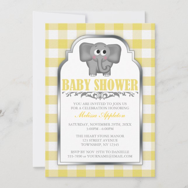 Convites Chá de fraldas Gingham Amarelo-Elefante-Cujo (Frente)