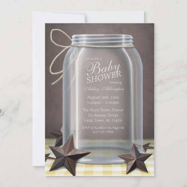 Convites Chá de fraldas Gingham Amarelo Mason Jar Rustic St (Frente)