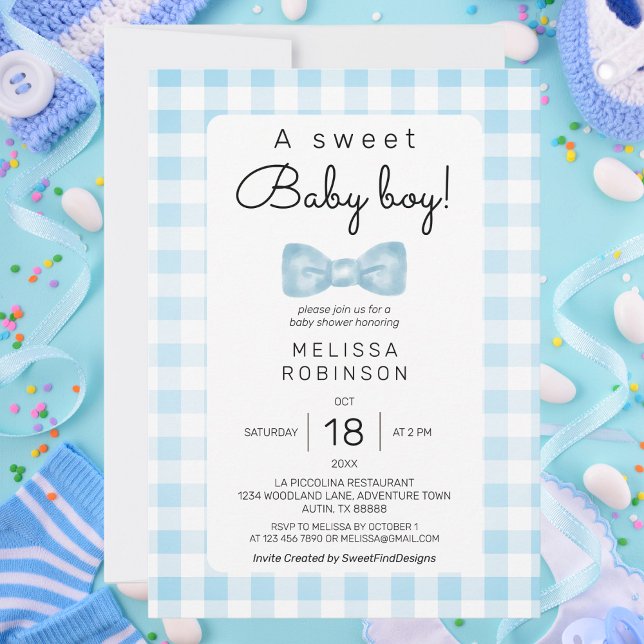 Convites Chá de fraldas Gingham Azul (Blue Gingham Baby Shower Invitation)