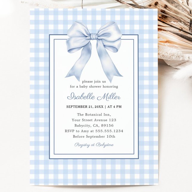 Convites Chá de fraldas Gingham Boy Arco Azul Clássico (Classic Blue Bow Gingham Boy Baby Shower Invitation)