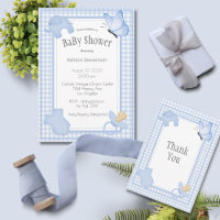 Chá de fraldas Gingham Boy da Xadrez Branca Azul