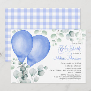 Convites Chá de fraldas Gingham Cute Ballons Azul