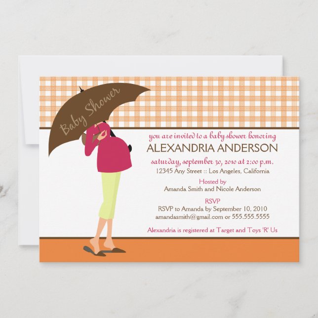 Convites Chá de fraldas Gingham da Mamãe Umbrella Invite (l (Frente)