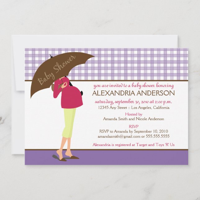 Convites Chá de fraldas Gingham da Mamãe Umbrella (roxo) (Frente)