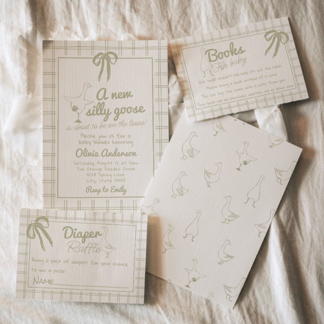 Convites Chá de fraldas Gingham Neutro De Ganso De Bobo Des (Criador carregado)