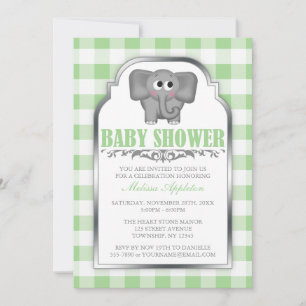 Convites Chá de fraldas Gingham Verde de Elefante Bonito