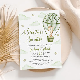 Convites Chá de fraldas Giraffe Hot Air Balloon Green Boy