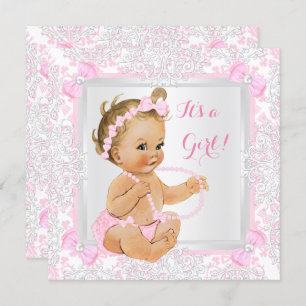 Convites Chá de fraldas Girl Lace Damask Pink Blonar