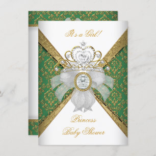 Convites Chá de fraldas Girl White Green Princess Damask