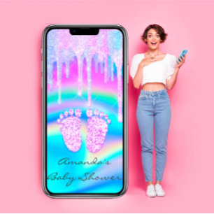 Convites Chá de fraldas Girly Feet Dripe Unicorn Holograph