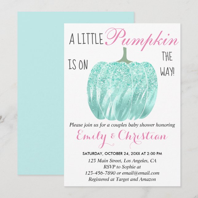 Convites Chá de fraldas Glam Pumpkin Aqua Turquoise (Frente/Verso)
