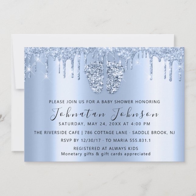 Convites Chá de fraldas Glitter Blue Feet Blue Boy (Frente)