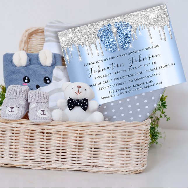 Convites Chá de fraldas Glitter Blue Feet Cinza Boy (Baby Shower Drips Glitter Blue Feet Gray Boy Girl Invitatio)
