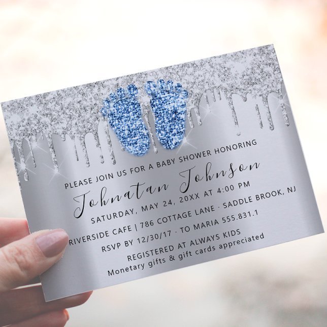 Convites Chá de fraldas Glitter Blue Feet Cinza Boy (Baby Shower Drips Glitter Blue Feet Gray Boy Girl Invitation)