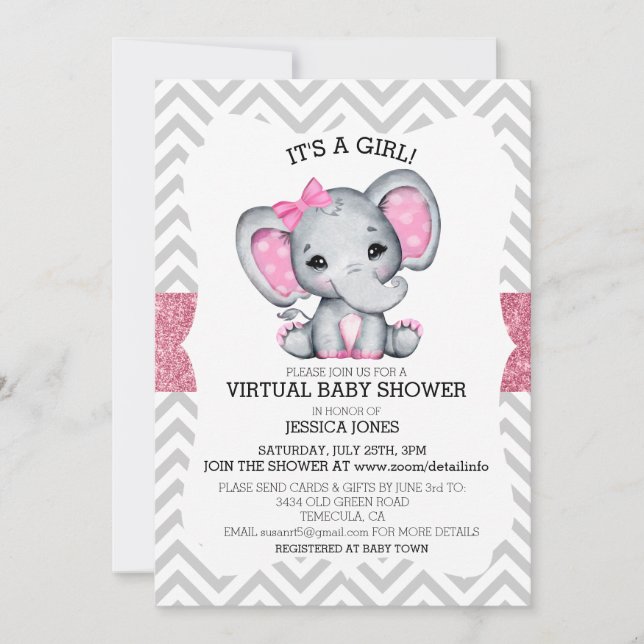 Convites Chá de fraldas Glitter do Elefante Rosa Virtual (Frente)