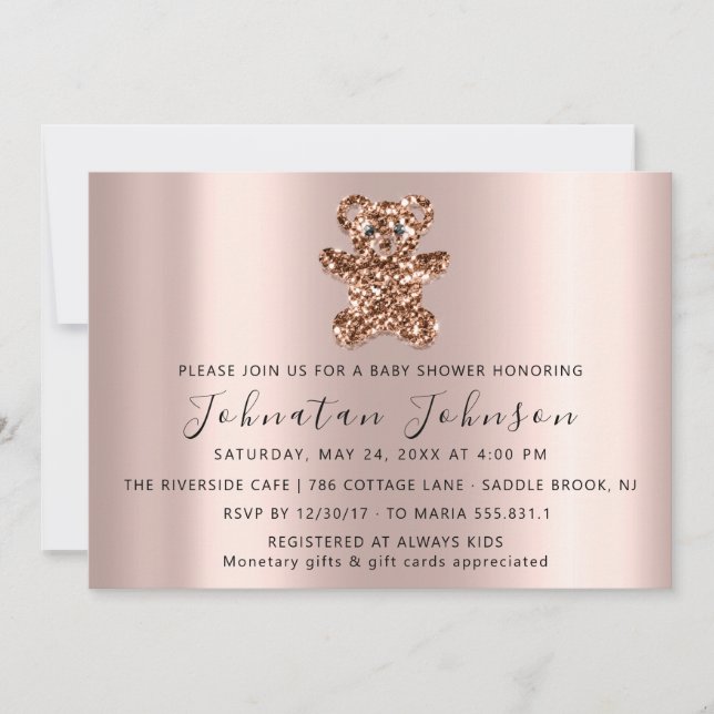 Convites Chá de fraldas Glitter Rosa Doce Urso Menino Invit (Frente)