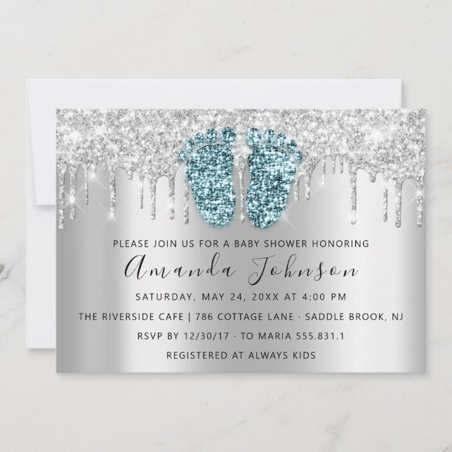 Convites Chá de fraldas Gota Cinza De Pés Brilhantes Garota (Frente)