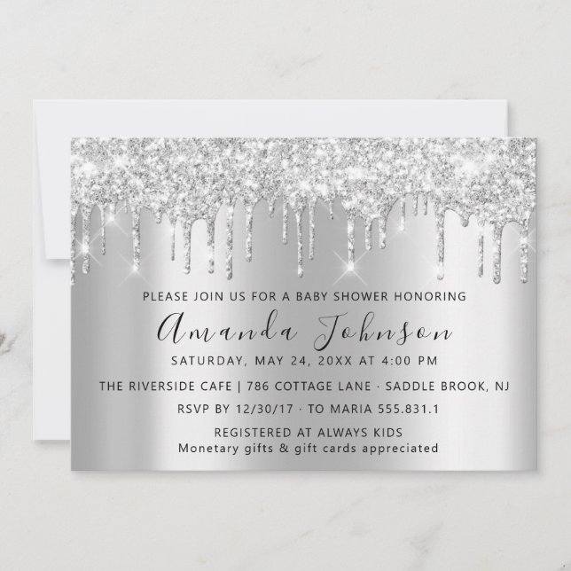 Convites Chá de fraldas Gota Cinza De Pés Brilhantes Garota (Frente)