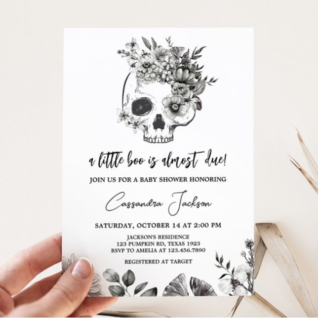 Convites Chá de fraldas Gótico (Black Floral Skull Baby Shower Invitation)