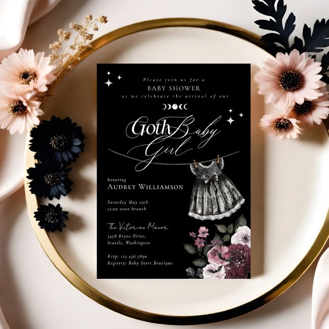 Convites Chá de fraldas Gótico de Vestido Negro do Hallowee (Gothic Halloween Black Dress Goth Girl Baby Shower Invitation (Front))