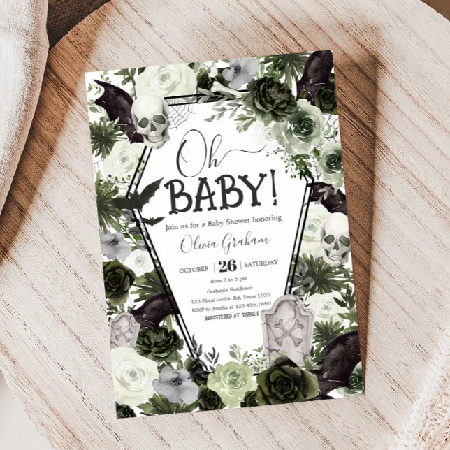 Convites Chá de fraldas Gótico Floral (Floral Gothic Coffin Baby Shower Invitation
)