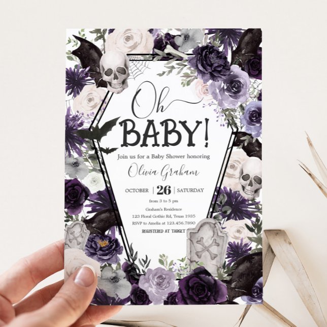 Convites Chá de fraldas Gótico Floral Roxo (Floral Gothic Coffin Baby Shower Invitation)