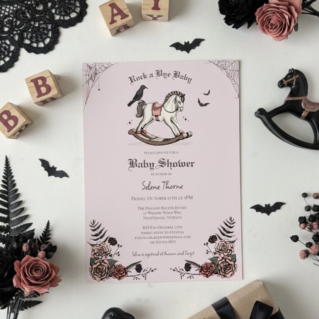 Convites Chá de fraldas Gótico-Rosa-Rocking Horse Rock a By (Gothic Baby Shower Invitations. Elegant Pink Floral Spooky Rocking Horse Illustration for Halloween )