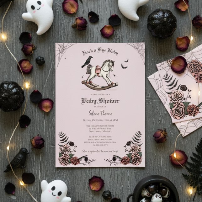 Convites Chá de fraldas Gótico-Rosa-Rocking Horse Rock a By (Cute Gothic Halloween Baby Shower Invitation. Rocking Horse & Roses Vintage Rock a Bye Baby Shower)