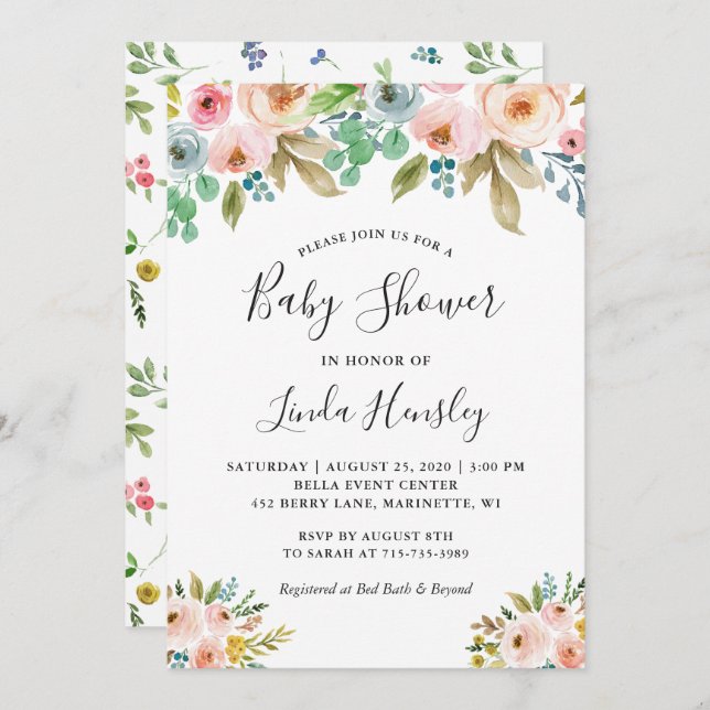 Convites Chá de fraldas Graceful Watercolor Floral Girl (Frente/Verso)
