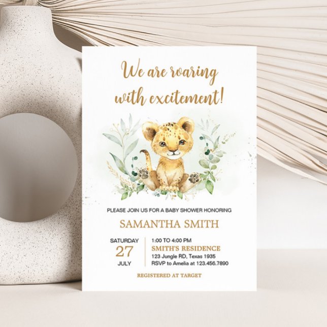 Convites Chá de fraldas Greenery Lion (Gender Neutral Lion Jungle Baby Shower Invitation)