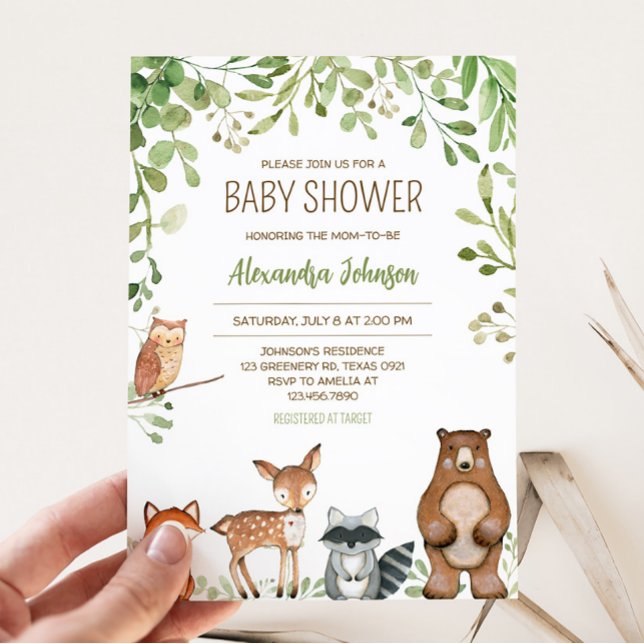 Convites Chá de fraldas Greenery Woodland (Forest Animals Baby Shower Invitation)
