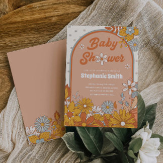 Convites Chá de fraldas Groovy Retro Boho Daisy