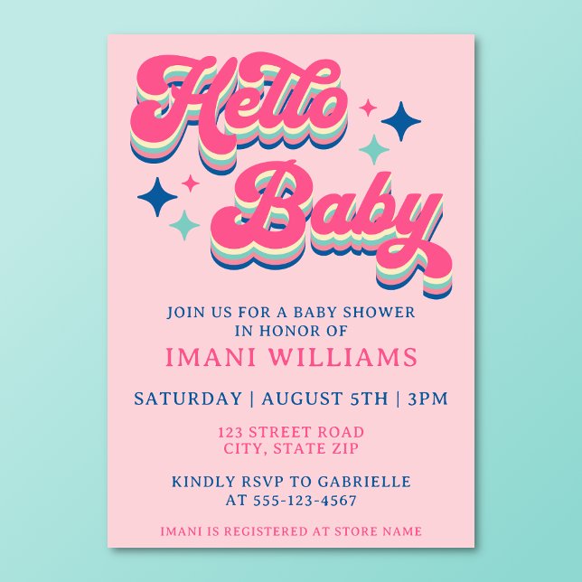 Convites Chá de fraldas Groovy Retro Typografia Rosa (Retro groovy pink baby shower invitation on a turquoise background.)