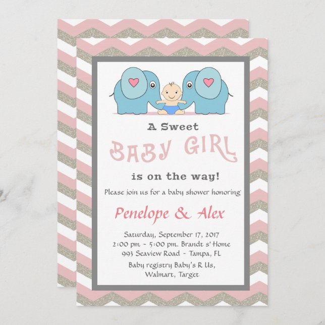 Convites Chá de fraldas honrando Rapariga, rosa, branca, co (Frente/Verso)