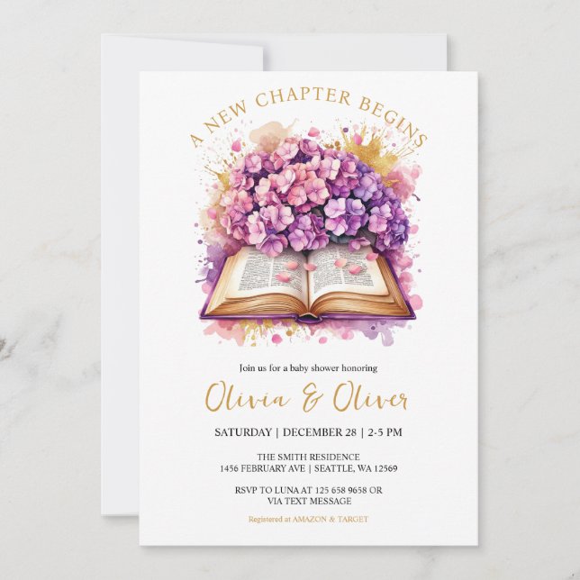 Convites Chá de fraldas Hydrangea "Começa Um Novo Capítulo" (Frente)