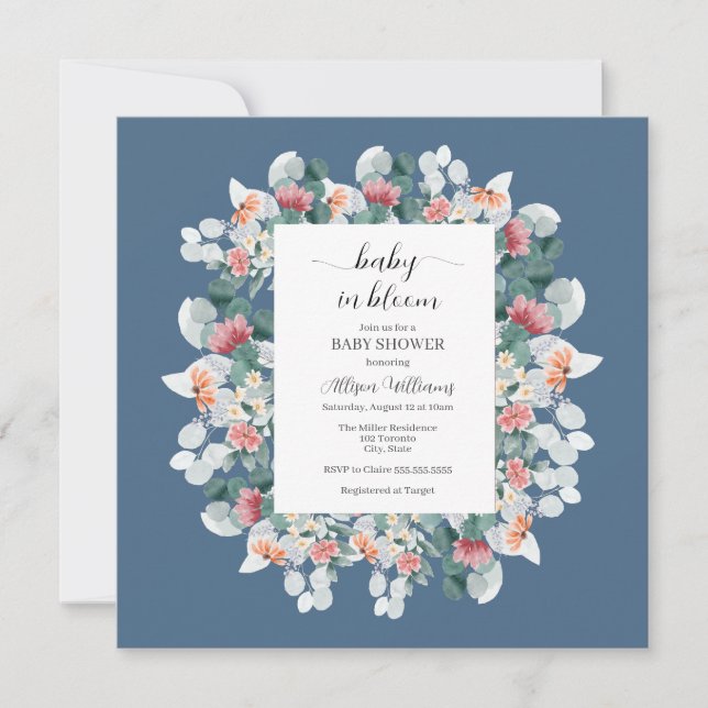 Convites Chá de fraldas impermeável azul de aquarela (Frente)