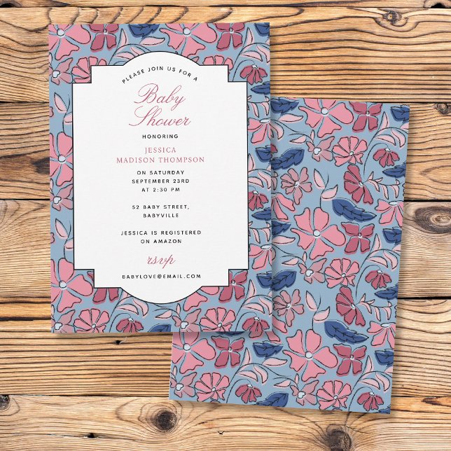 Convites Chá de fraldas Impressão de Blocos Florais, Rosa e (Pink and Blue Floral Block Print Girl Baby Shower Invitation)