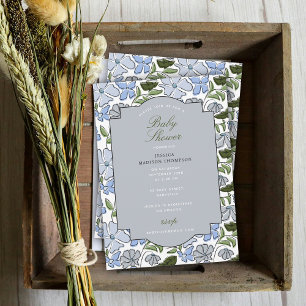 Convites Chá de fraldas Impressão Floral Azul e Verde