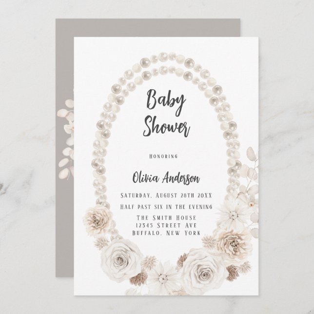 Convites Chá de fraldas Inv de Beige e Pérolas Brancas e Fl (Frente/Verso)