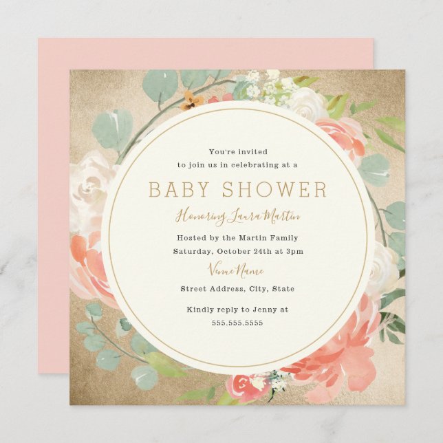 Convites Chá de fraldas Inverso Dourado Peach (Frente/Verso)