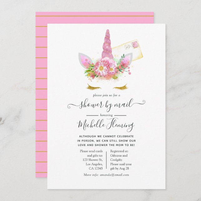 Convites Chá de fraldas Inverso e Dourado Floral Unicorn po (Frente/Verso)